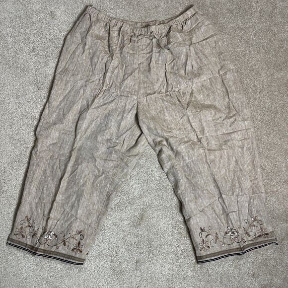dressbarn Pants - dressbarn 100% Linen Capri Embellished Beaded Legs Pants Pull On Size 20w Beige‎